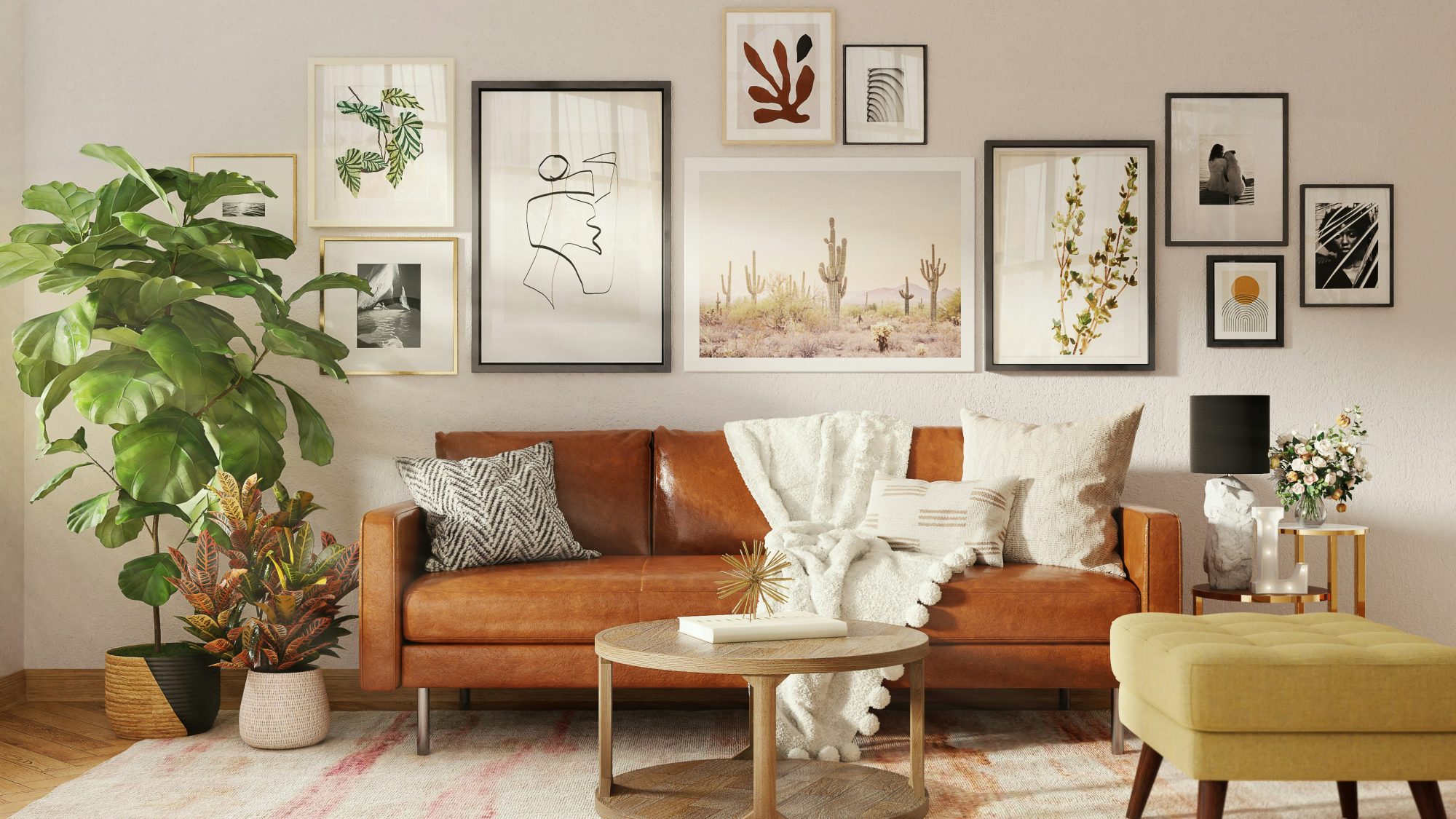 Ruang keluarga modern bernuansa hangat dengan sofa netral, kayu, dan cahaya siang — referensi visual interior.