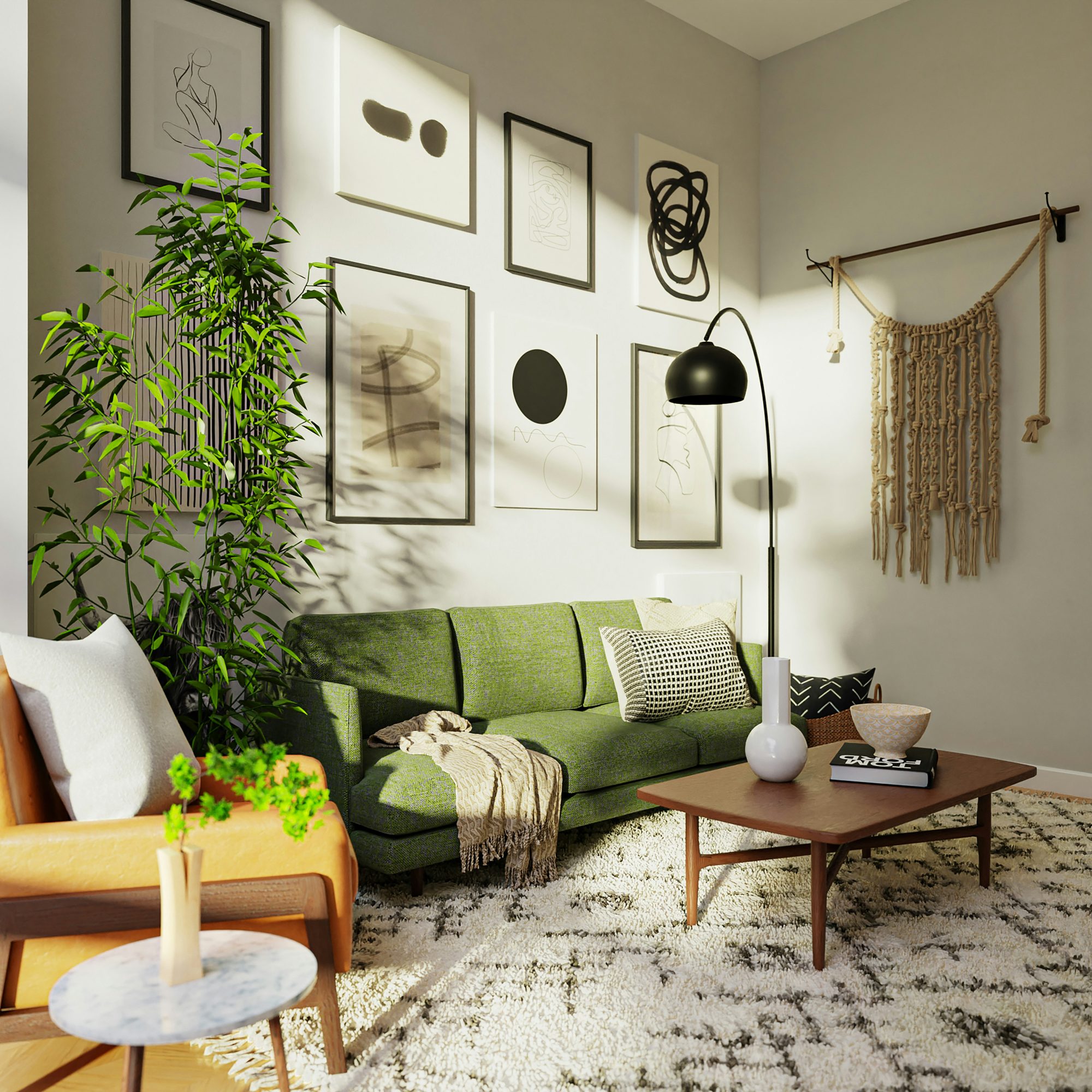Ruang keluarga luas dengan sofa terang, jendela tinggi, dan lantai kayu — referensi visual.