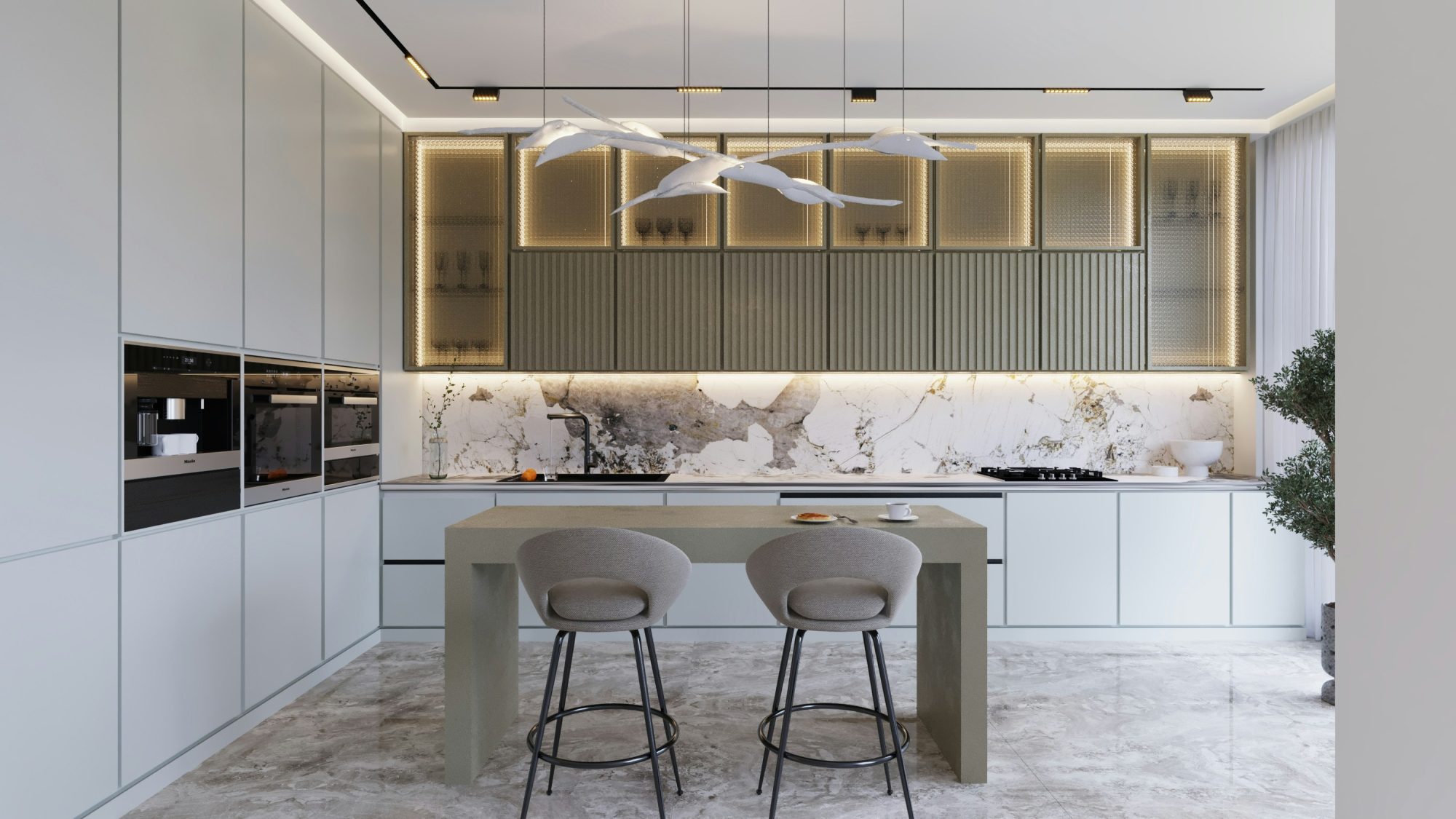 Kitchen set dengan kabinet bernuansa hangat dan meja putih — referensi visual dapur.