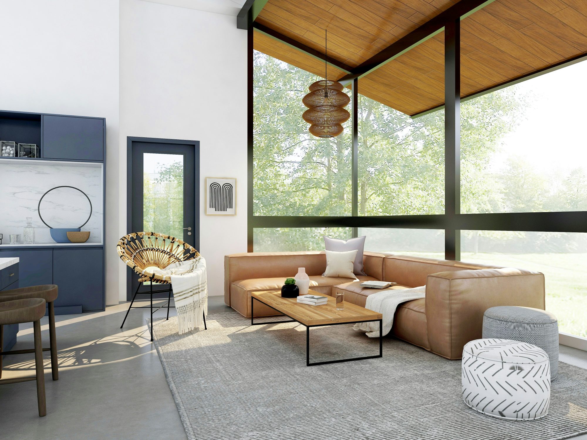 Ruang tamu terbuka dengan dinding kayu, sofa, dan bukaan kaca lebar — referensi visual interior tropis modern.