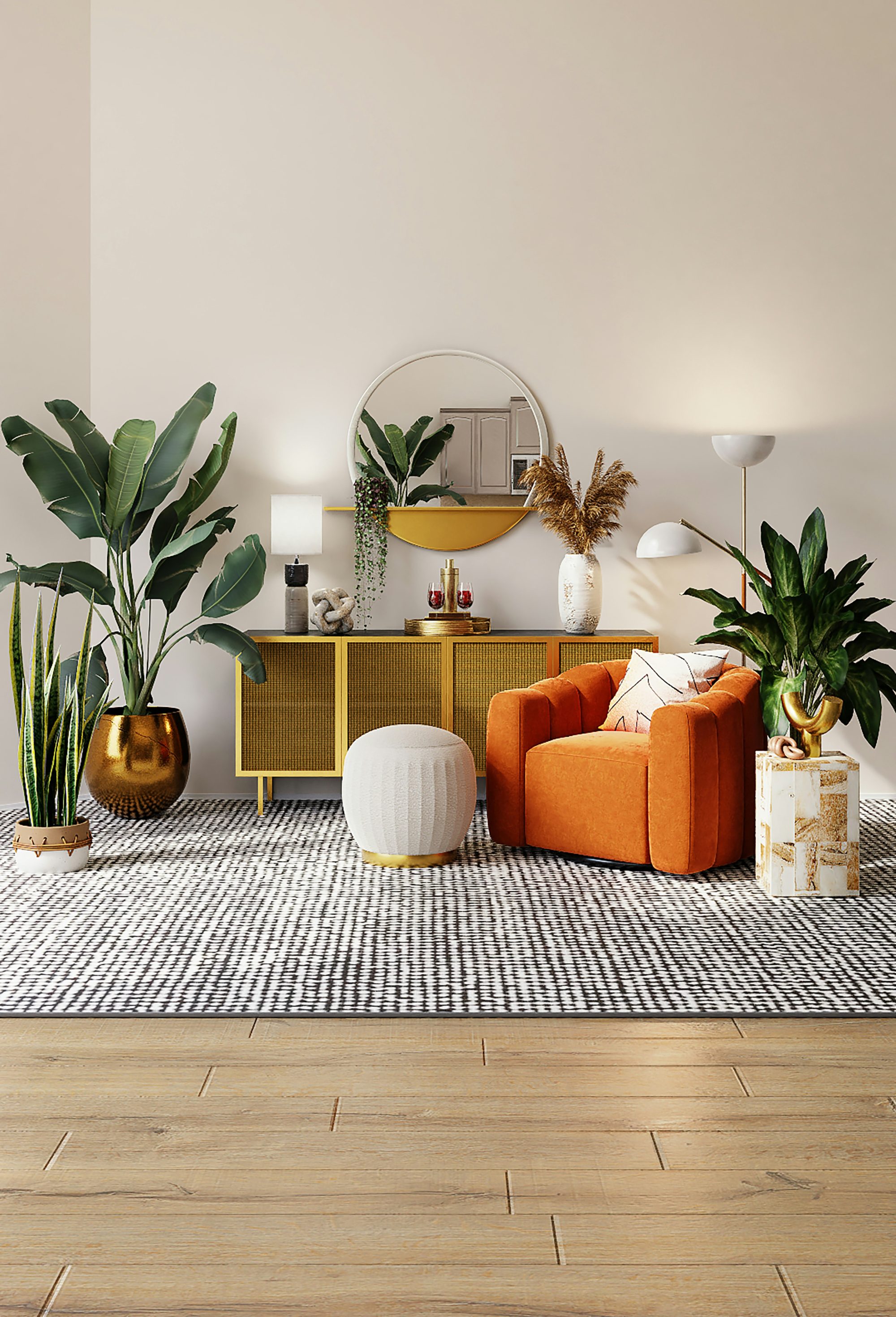 Penataan interior ruang tamu bergaya modern hangat dengan armchair upholstery warna oranye bata, kredensa kayu bertekstur, serta sentuhan tanaman hias yang mengoptimalkan kenyamanan bersantai, kehangatan visual, dan estetika hunian.