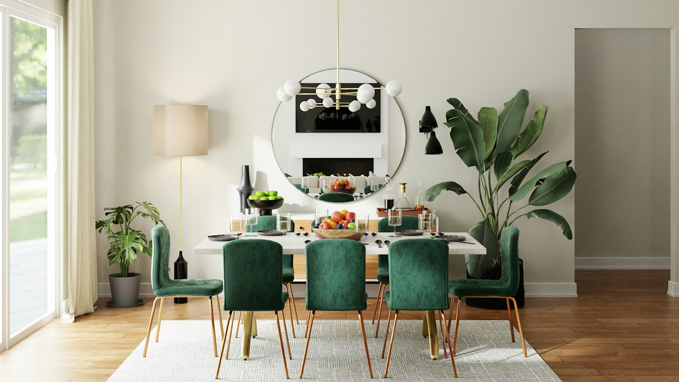 Ruang makan dengan kursi berlapis kain dan meja kayu — referensi visual detail interior.